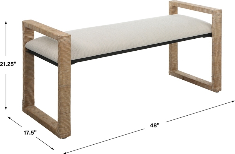 Upholstered Bench with Rattan Wrapped Frame and Integrated Arms