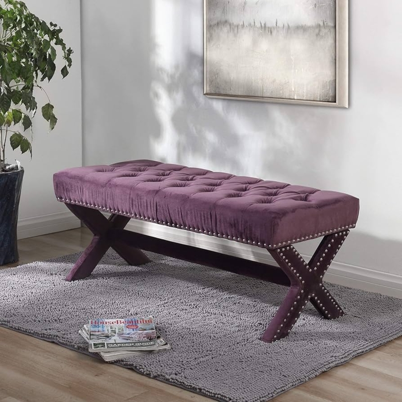 Upholstered Bench with Silver Nailhead Trim and Polished X-Frame Base