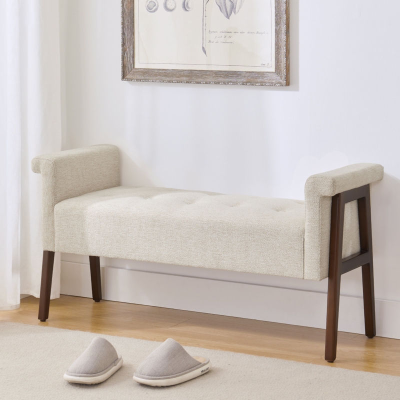 Upholstered Bench with Slatted Shelf, Slate Blue Pill Shape Seat