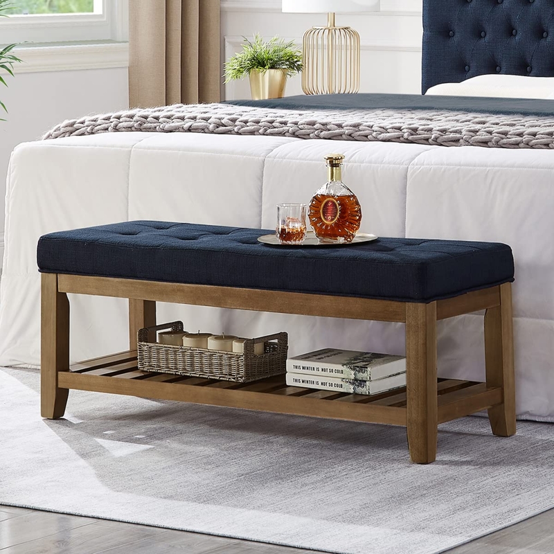 Upholstered Bench with Slatted Storage Shelf & Deep Button Tufting