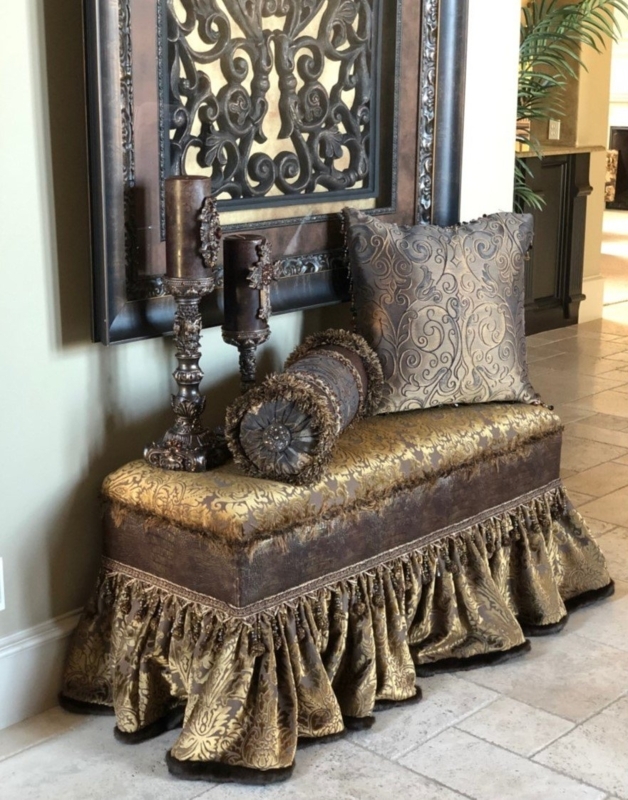 Upholstered Bench with Tassel Fringe and Scrolled Bronze Frame