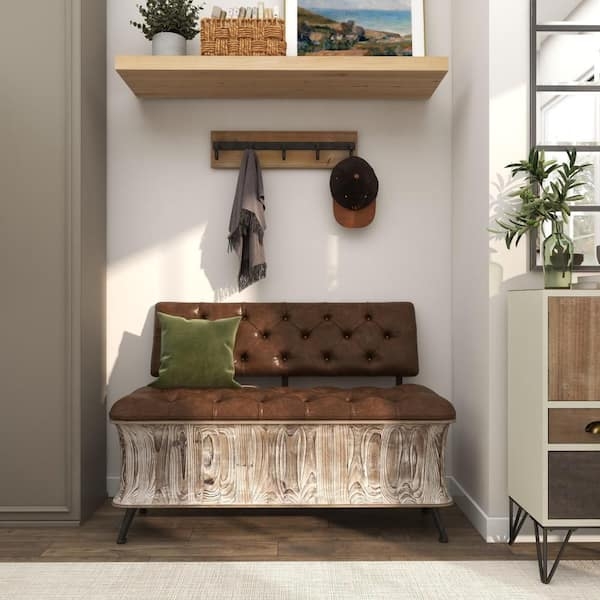 Upholstered Bench with Tufted Back & High Arms, Dark Brown