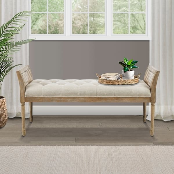 Upholstered Bench with Wicker Handrails and Natural Wood Finish