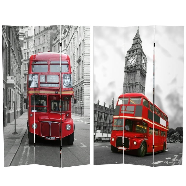 Urban Cityscape Folding Screen Red London Bus Monochrome Contrast