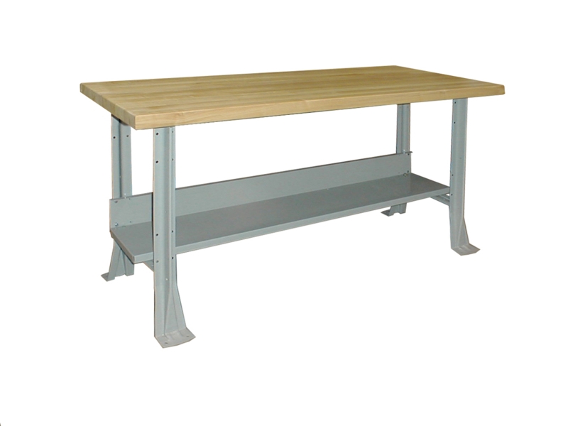 Utilitarian Workbench, Thick Wood Top, Flared Feet, Grey Metal Frame.
