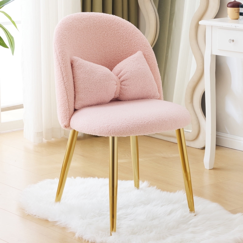 Vanity Chair with Faux Fur Upholstery, Gold Legs, and Bow Pillow