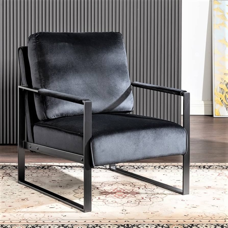 Velvet Accent Chair Gold Square Metal Frame Black Upholstery