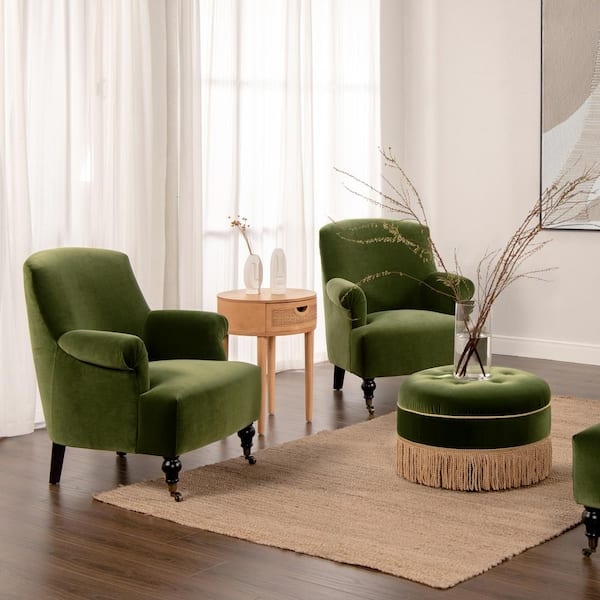 Velvet Accent Chair, Pleated Sock Arms & Dark Tapered Legs