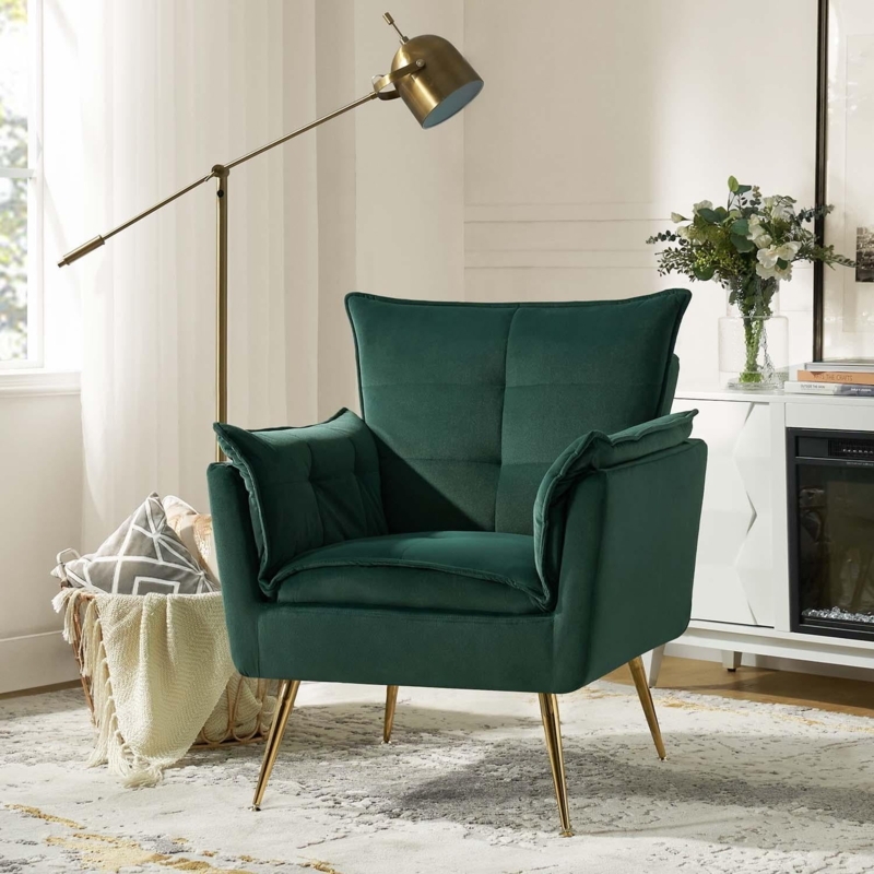 Velvet Armchair with Nailhead Trim, Emerald Green and Front Leg Casters