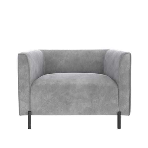 Velvet-Like Accent Chair with Boxy Silhouette and Recessed Arms