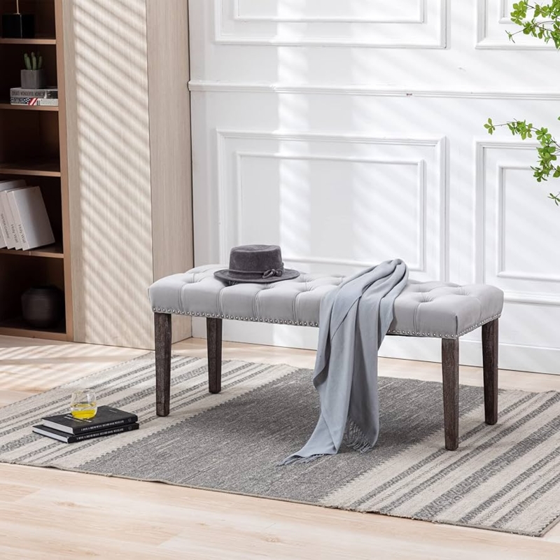 Velvet-Like Upholstered Bench with Silver Nailhead Trim for Entryway Seating