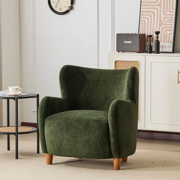 Velvet Wingback Accent Chair, Tapered Wood Legs & Piping