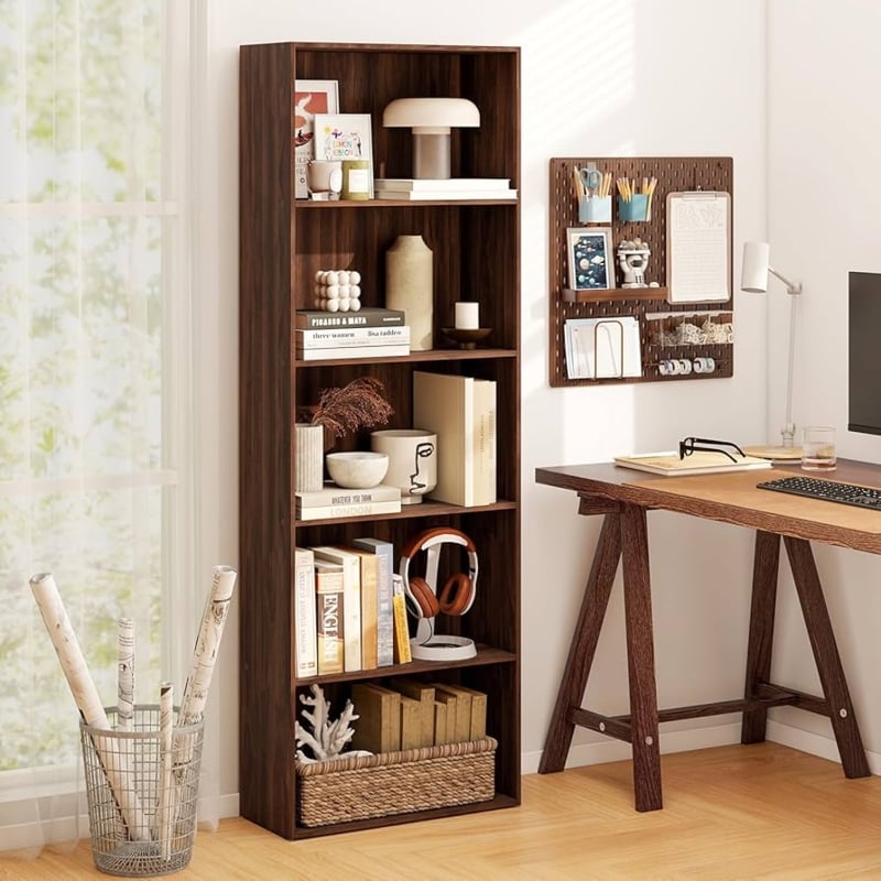 Vertical Tower Bookcase Dark Brown Walnut Finish Slim Bookshelf Tower