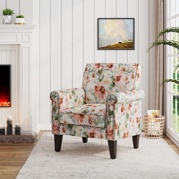 Vibrant Accent Chair, Orange Floral Print with Pewter Nailhead Trim