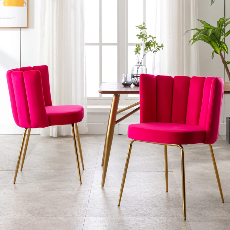 Vibrant Hot Pink Velvet Dining Chair with Gold Metal Legs