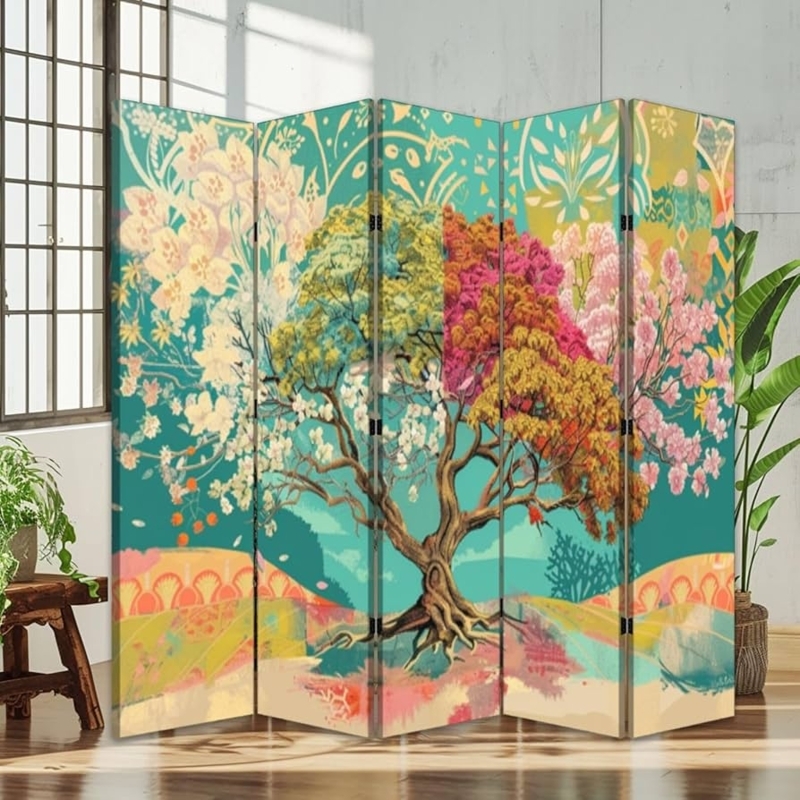 Vibrant Tree Art Room Divider 5-Panel Bohemian Canvas