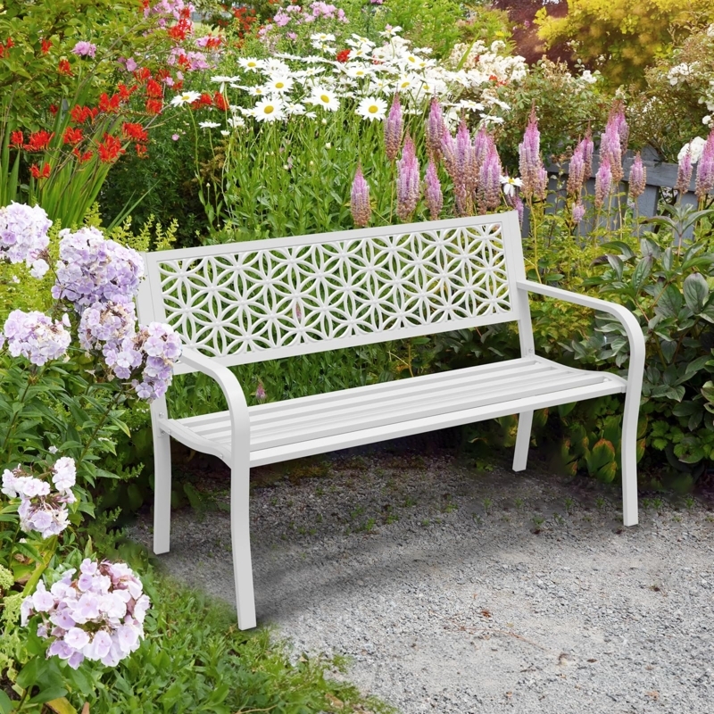 : VINGLI 50" Outdoor Bench Metal with Floral Back, Garden Bench  Front Porch Bench for Yard Patio Entryway Park Outside, 800lb Capacity -  White : Patio, Lawn & Garden