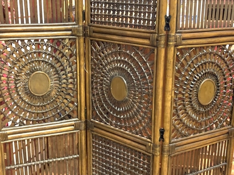 Vintage Bamboo Folding Screen with Sunburst Motif Panels