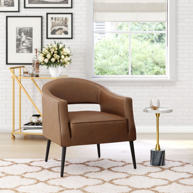 Vintage Brown Leather Accent Chair Curved Wood Frame Channel Stitched