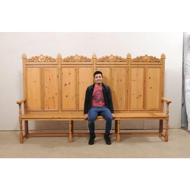 Vintage High Back Wooden Bench with Four Panel Back and Carved Crest Rails