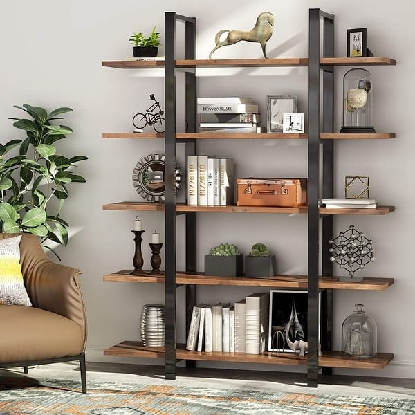 Vintage Industrial Bookcase, 5-Tier Metal and Wood X-Brace.