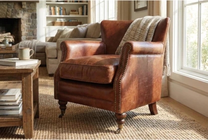 Vintage Leather Accent Chair with Exposed Wood Frame