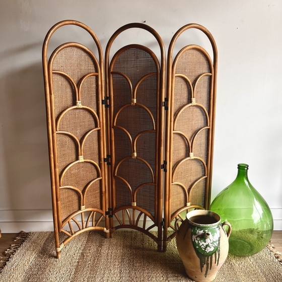 Vintage Rattan Room Divider with Scalloped Bentwood Design