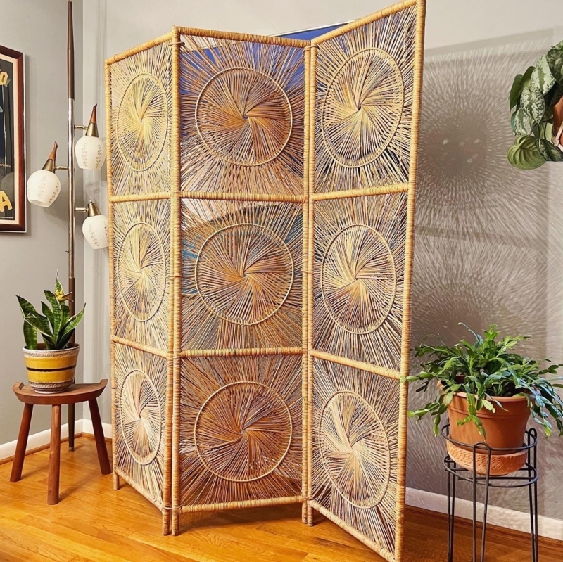 Vintage Rattan Room Divider Woven Starburst Motif Three Panel Screen