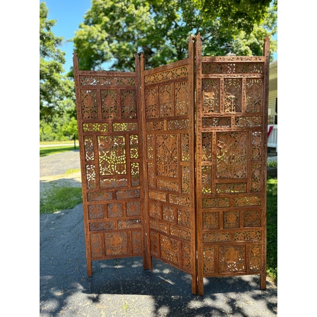 Vintage Wood Partition Hand Carved Fretwork Floral Motif Brown