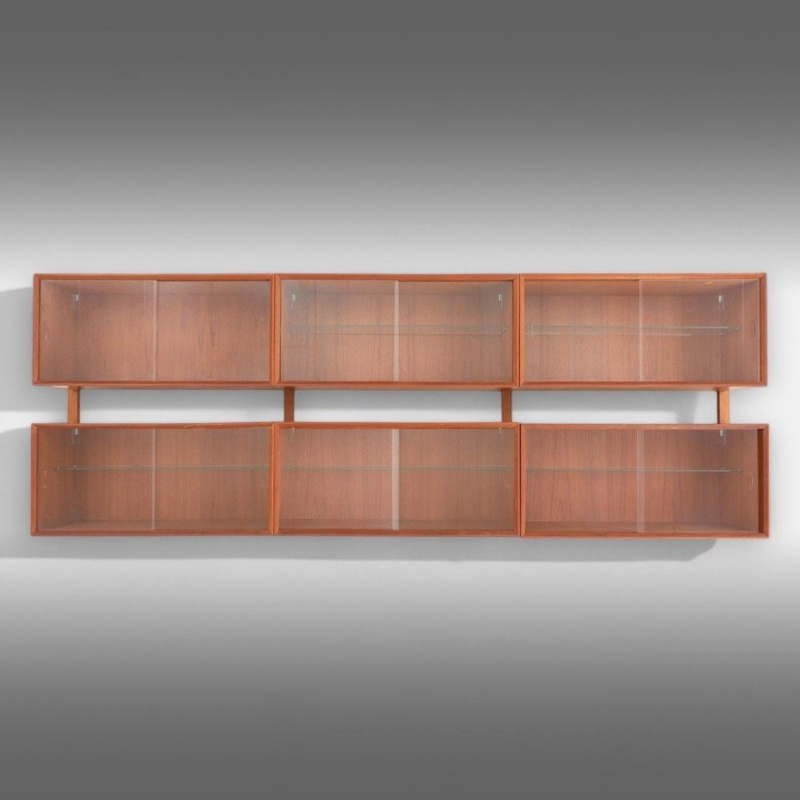 Wall Mounted Bookshelf Vertical Rails Teak Tone Modular Design
