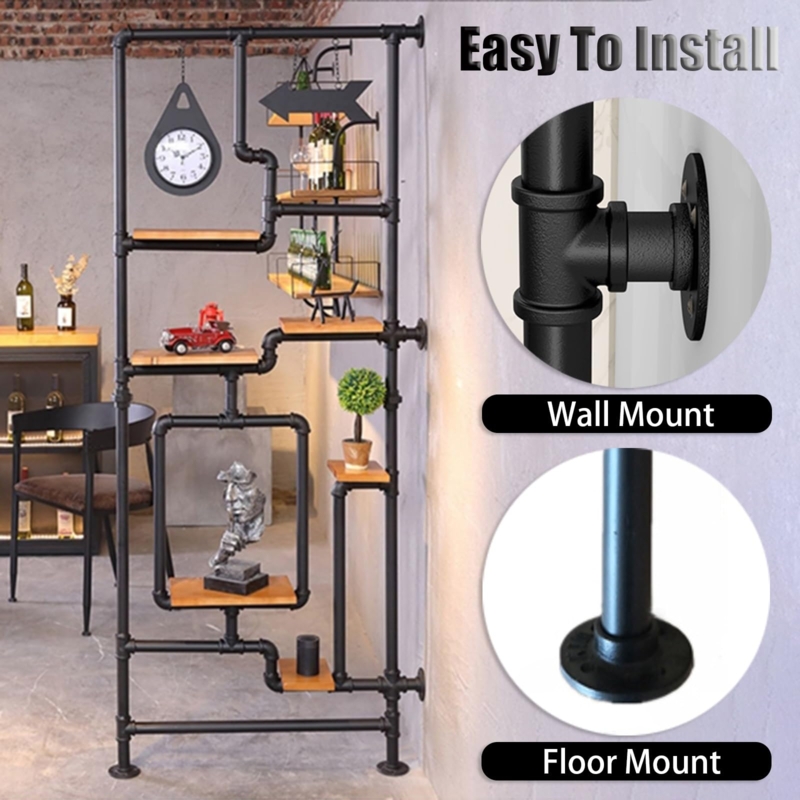 Wall-Mounted Industrial Pipe Partition with Wood Shelves