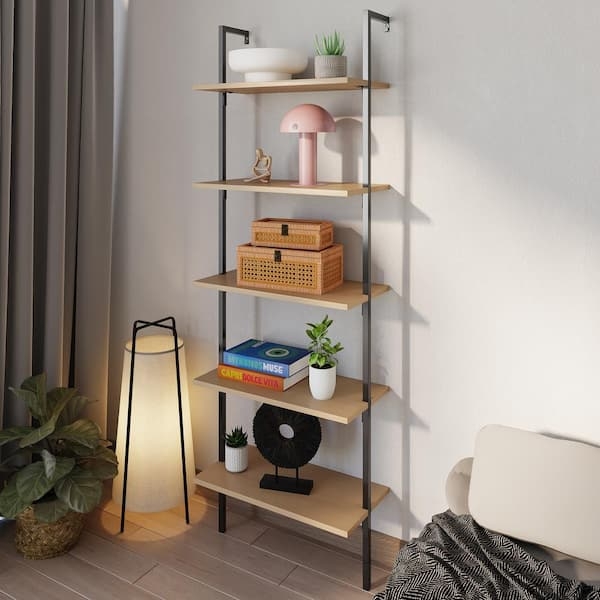 Wall-Mounted Ladder Bookcase, 5-Tier Light Oak and Black Metal.