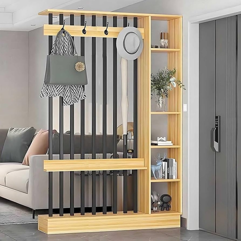- Wall Room Divider,Entrance Hall Partition Screen Column Floor  to Ceiling,with Coat Rack Cabinet,Wood Privacy Screens,Room Partition  Post,ceiling to floor solid wood partition(Wood color+black,120cm/47