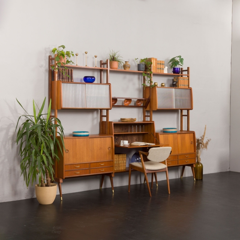 Wall Unit Integrated Secretary Desk Black Metal Teak System