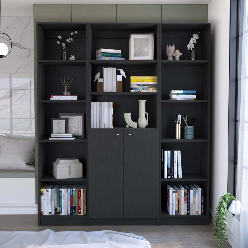 Wall Unit Three Piece Modular Design Matte Black Cabinets