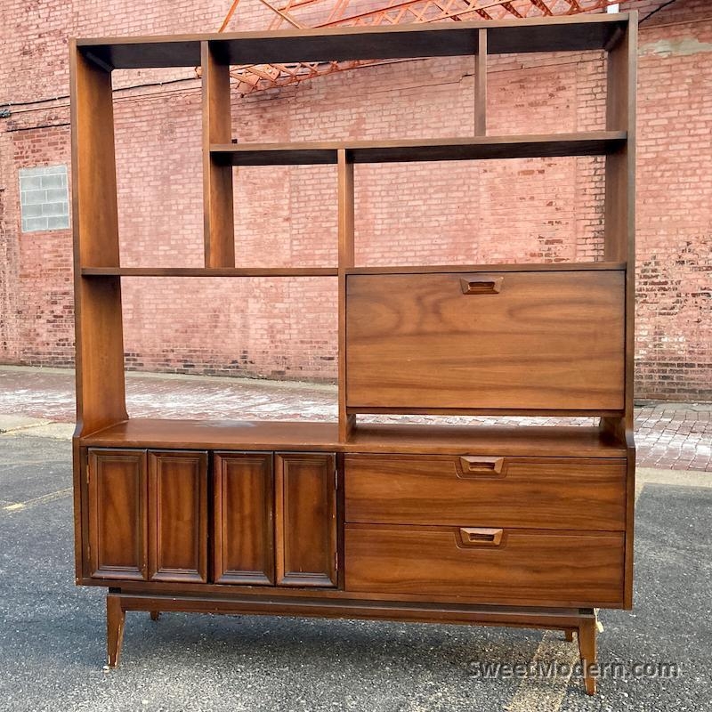 Wall Unit Walnut Asymmetrical Shelving Mid-Century Modern Room Divider