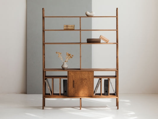 Walnut Record Player Stand with Vertical Vinyl Storage Dividers