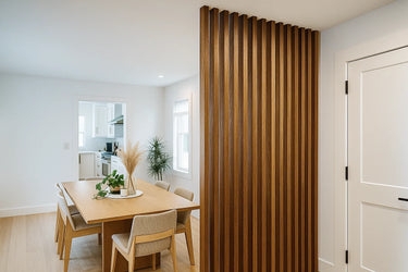 Walnut Room Divider Ribbed Surface Vertical Slats Minimalist Screen