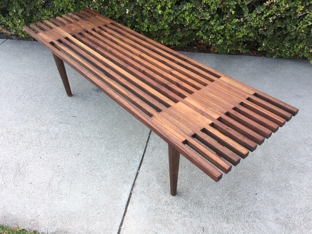 Walnut Slat Bench with Cushion, Tapered Legs