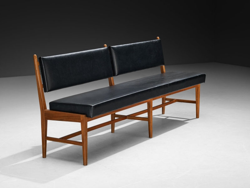 Walnut Slat Frame Bench, Charcoal Gray Seat