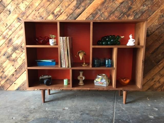 Walnut Toned Bookshelf with Sliding Cabinet Doors and Finger Pulls