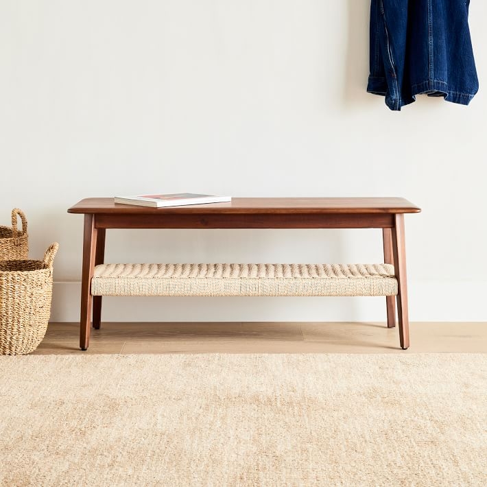 Walnut Wood Bench, Dark Charcoal Upholstered Seat