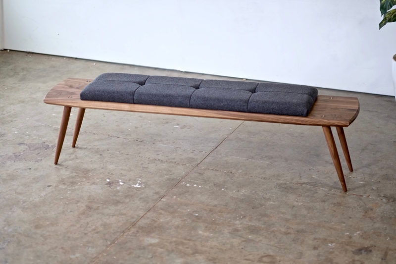 Walnut Wood Bench with Beige Upholstered Seat