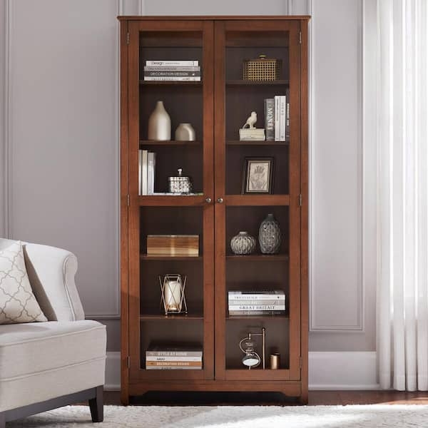 Walnut Wood Bookcase with X-Mullion Glass Doors and Cabinet