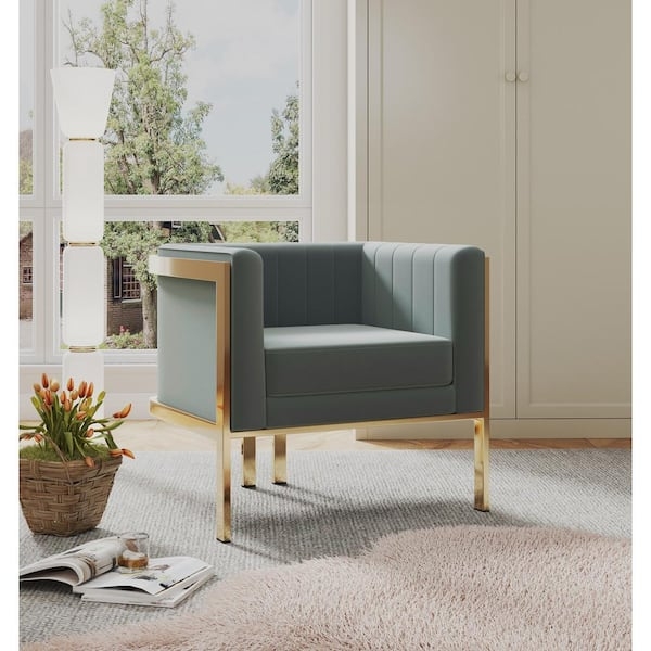 Warm Grey Accent Chair with Polished Brass and Geometric Frame