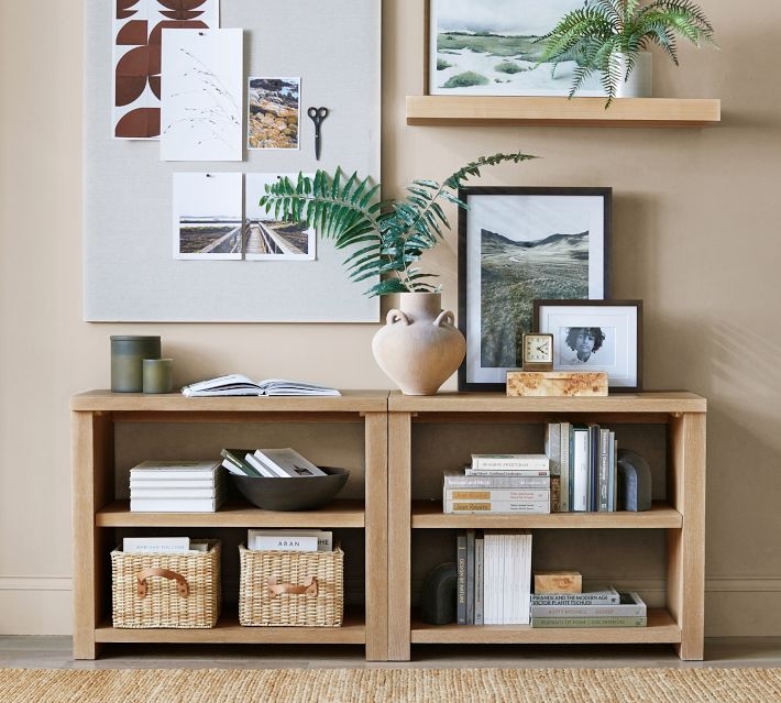 Warm Wood Bookcase with Molded Top; Natural Display Shelving.