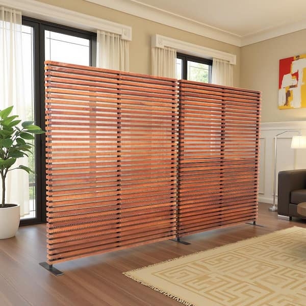 Warm Wood Toned Slatted Room Divider with Horizontal Slat Design