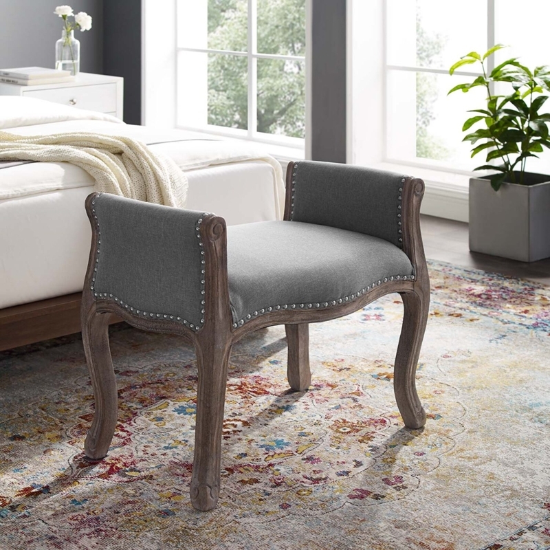 Weathered Finish Bench with Cabriole Legs and Rolled Arms for Vanity
