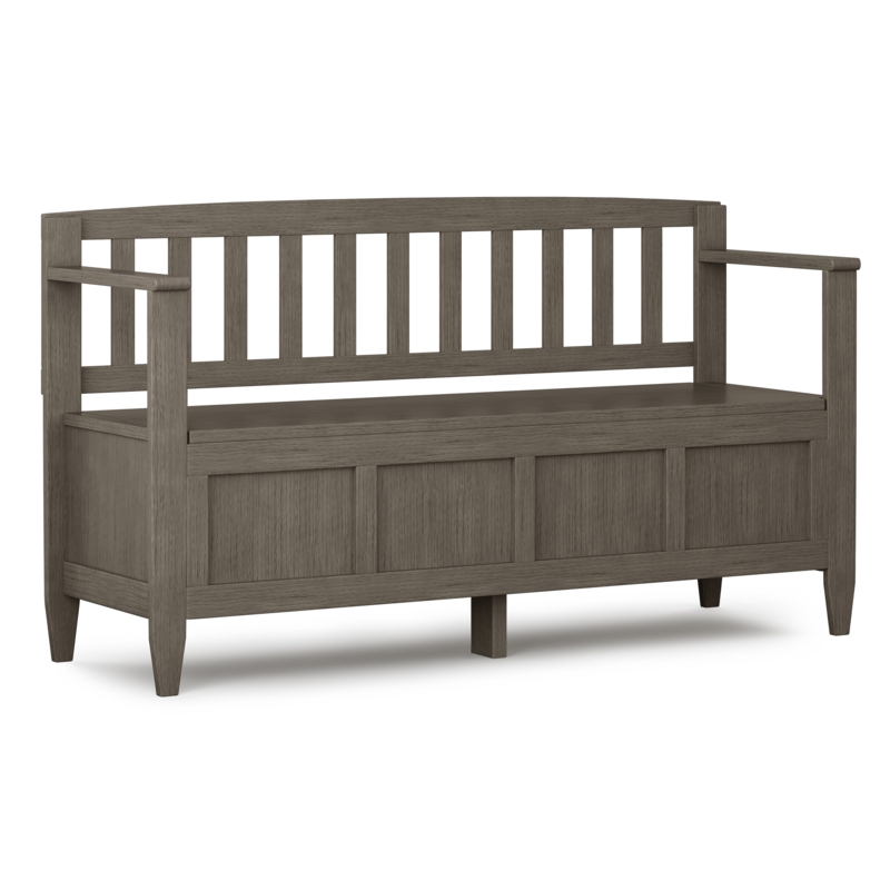 Weathered Wood Storage Bench featuring Slat Back and Integrated Armrests