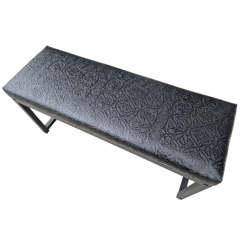 Western Embossed Leather Bench, Tooled Floral Pattern, Black Finish